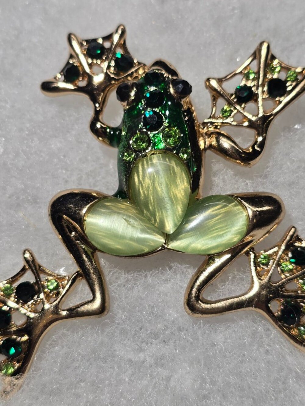 Frog Brooch – Gold Tone Green Stone Frog Pin